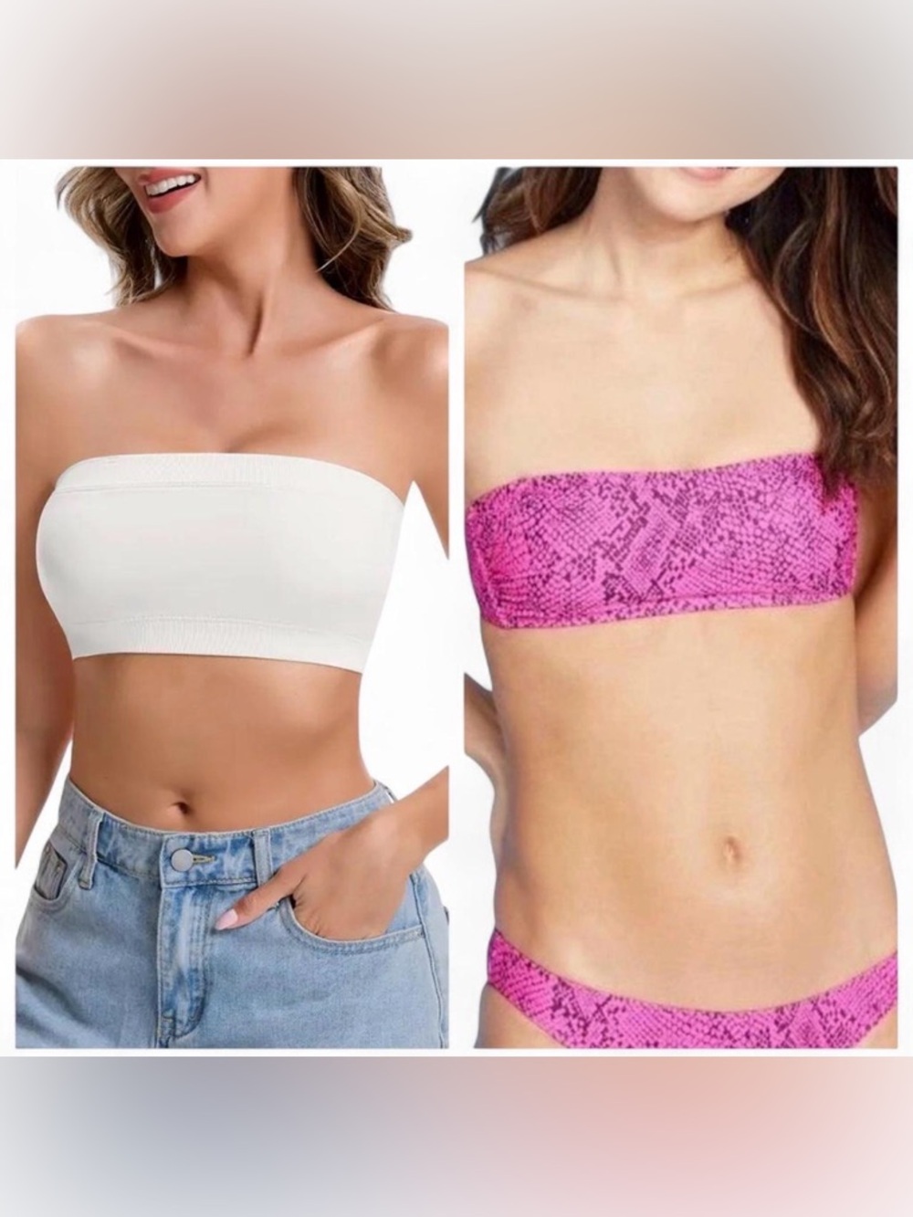Pink Snake Bandeau Bikini Top + White Fashion Nova Bandeau Bikini Top – Size S